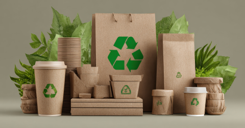 Papieren verpakkingsmateriaal en drinkbekers met een groen keurnerk en groene planten op de achtergrond